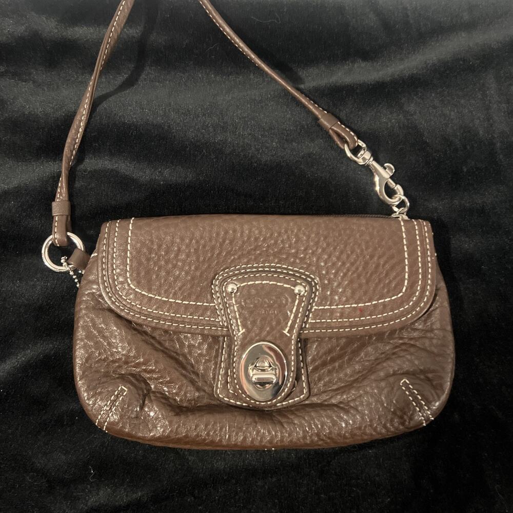 Coach Pebbled Brown Wristlet Turn Lock Silver Hardware Pink Lining Stitch Accent